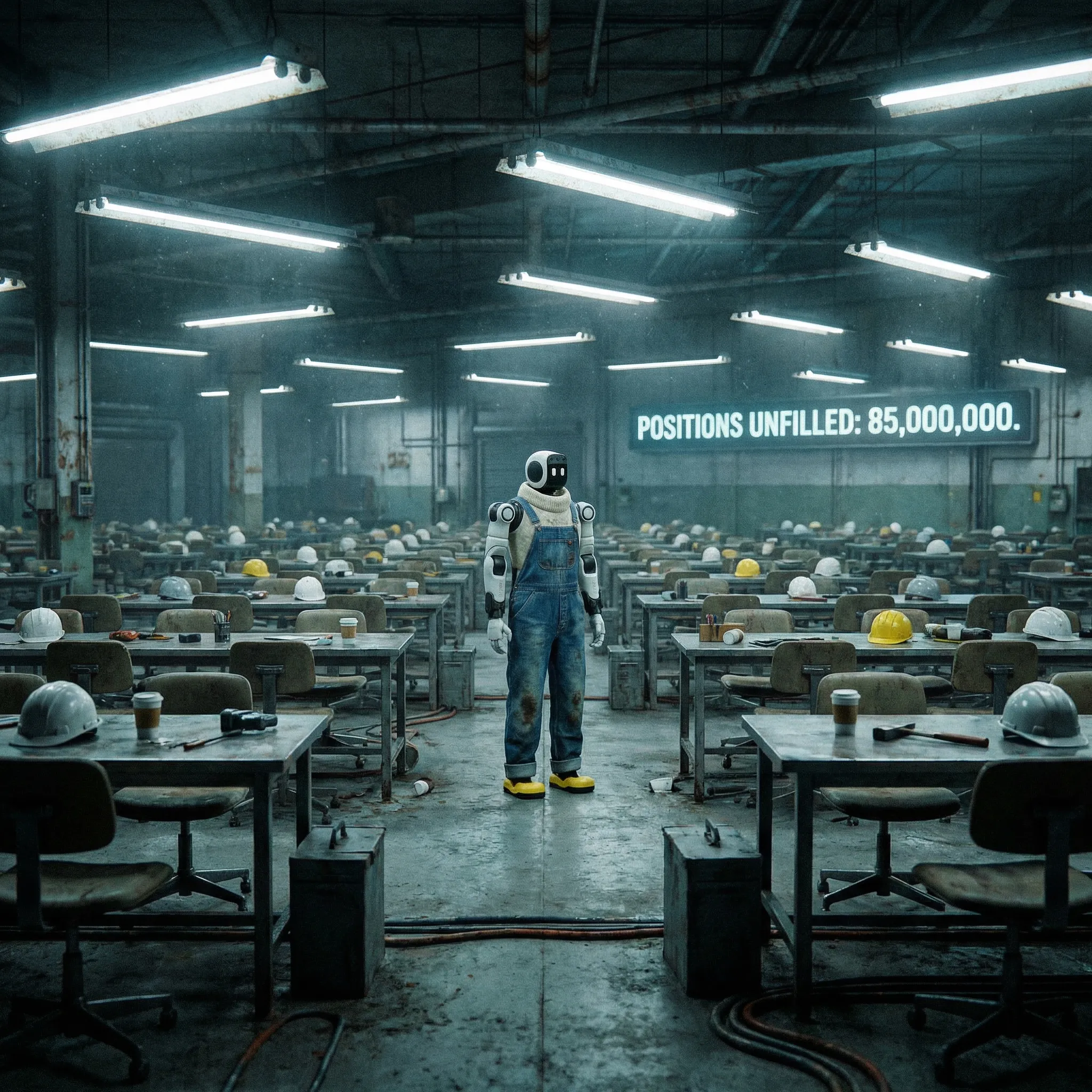 Robot standing alone in an empty warehouse — 85 million positions unfilled